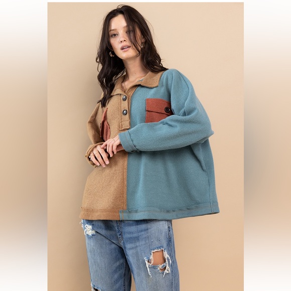 33 Color Block Stretch Spread Collar Neck Pullover - Picture 4 of 6